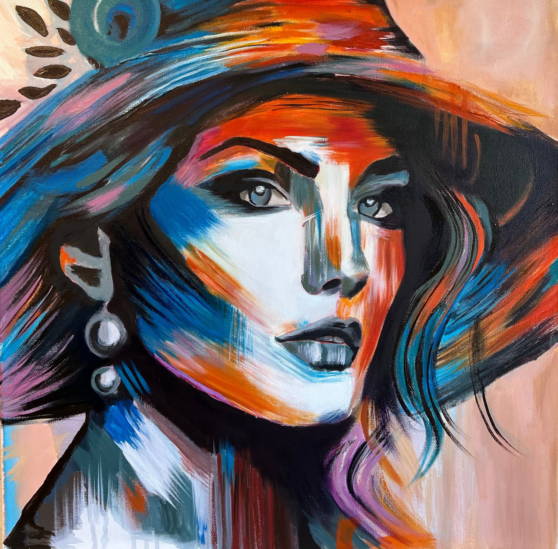 Defiant Grace original painting, 20x20” mixed media oil on canvas, fine art capturing strength and elegance.

