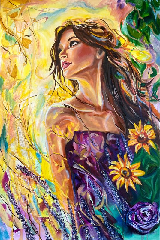 Summer Serenade – A warm, sunlit fine art painting featuring lush textures and vibrant summer colors, created with mixed media techniques.  
